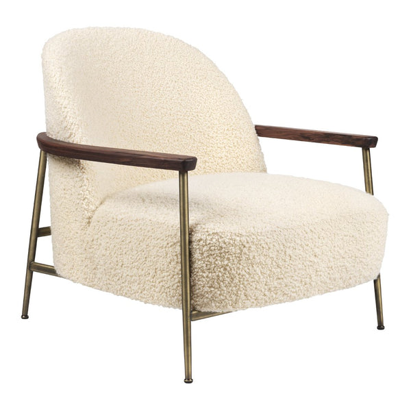 Cream-colored, plush-textured chair with wood and metal accents, featuring a modern, rounded design.