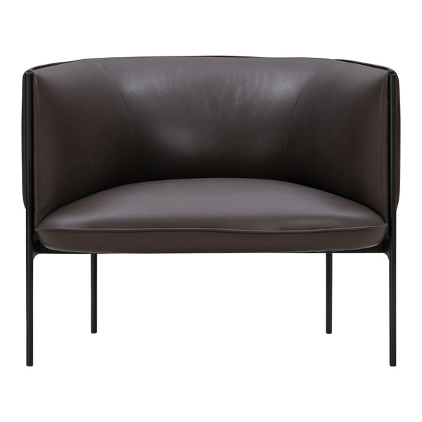 Dark brown leather chair with smooth, curved lines and a minimalist black metal frame.