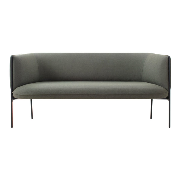 Sleek gray sofa with a minimalist design and smooth fabric, featuring black metal legs. Perfect for modern decor.