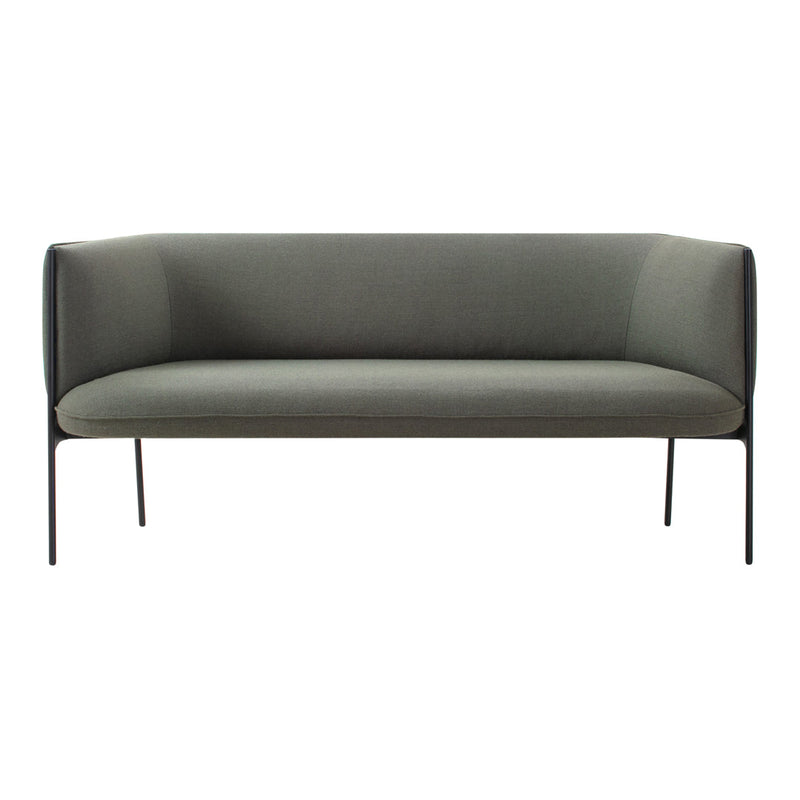 Sleek gray sofa with a minimalist design and smooth fabric, featuring black metal legs. Perfect for modern decor.