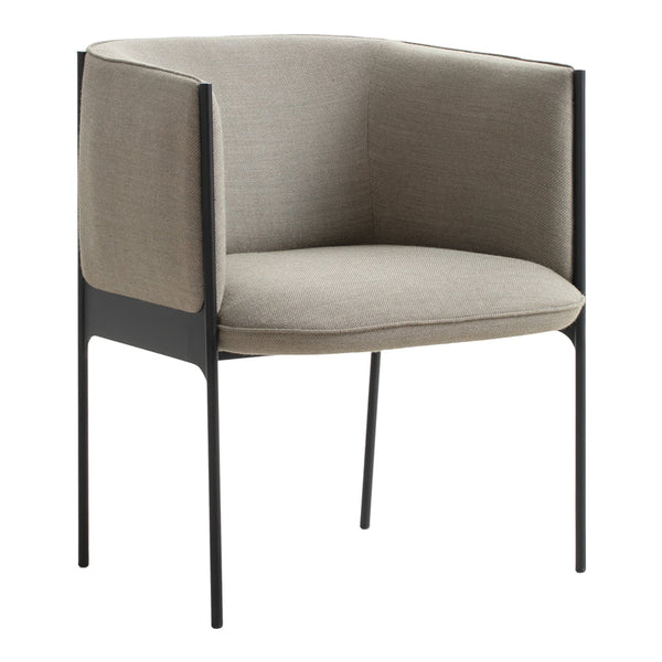 Stylish gray upholstered chair with a minimalist black metal frame, perfect for modern decor.