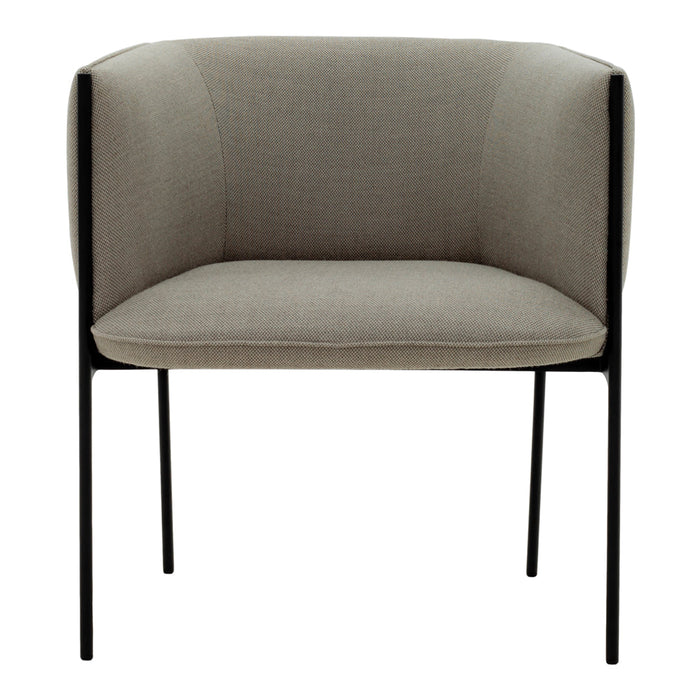 Beige upholstered chair with clean, modern lines and a minimalist black metal frame. Ideal for contemporary decor.