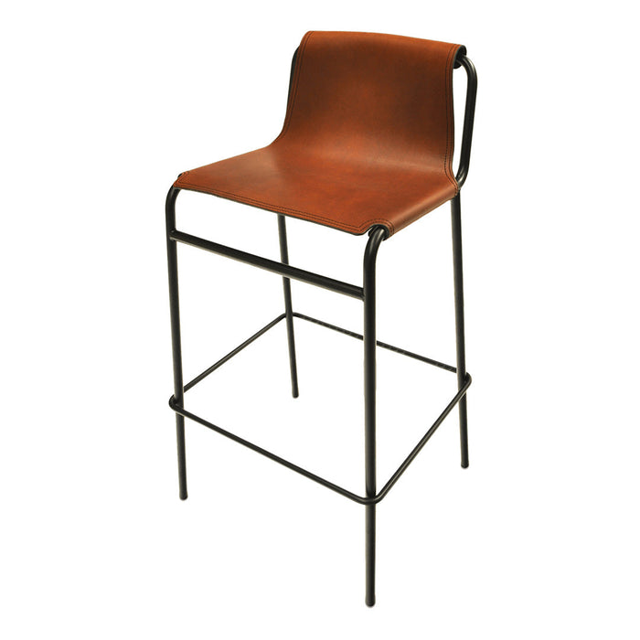 "Rustic brown leather bar stool with sleek black metal frame, featuring a minimalist design."