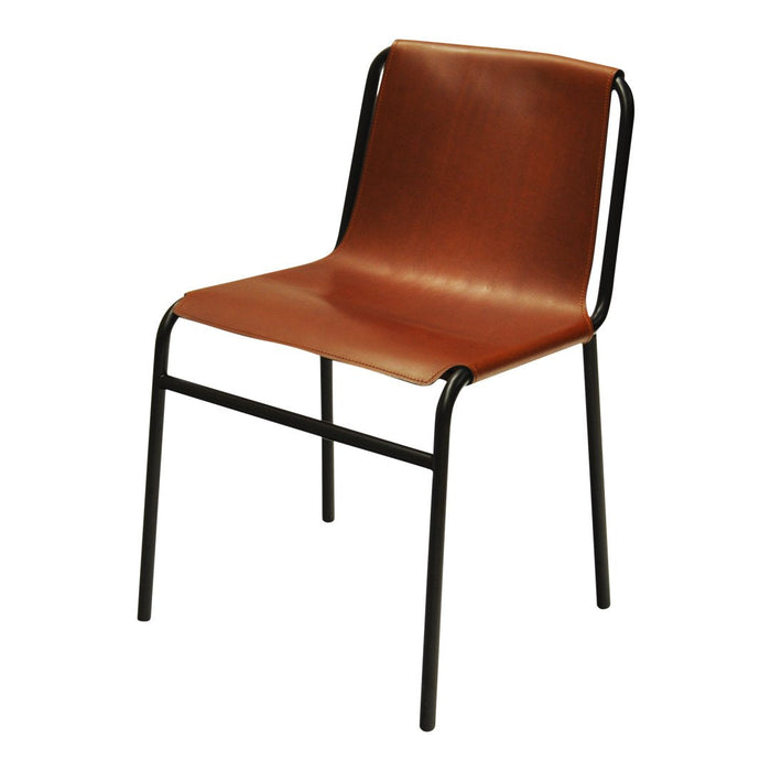 Brown leather seat with a smooth finish, complemented by a sleek black metal frame. Modern design for any decor.