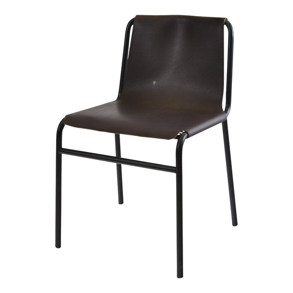 Brown minimalist chair with a smooth leather seat and sleek black metal frame, perfect for modern decor.