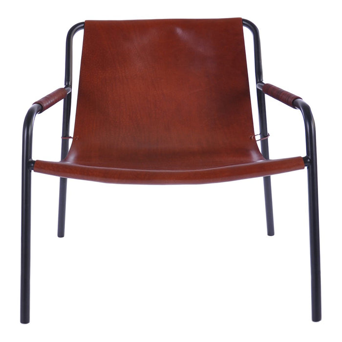 Brown leather sling chair with a minimalist black metal frame. Stylish and modern design, perfect for any space.