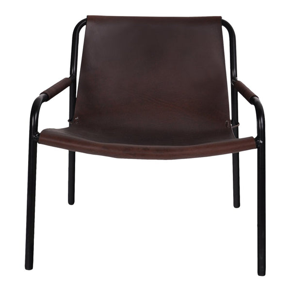 Brown leather chair with a sleek black metal frame, featuring a minimalist design and smooth finish.