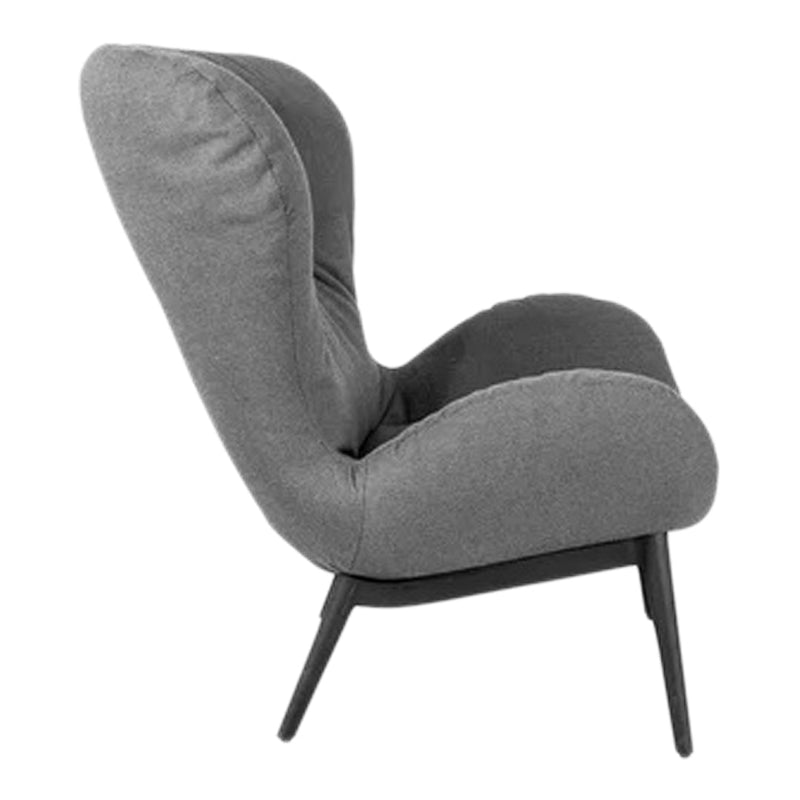 Gray upholstered chair with a smooth, curved design and dark wooden legs, showcasing a minimalist modern aesthetic.