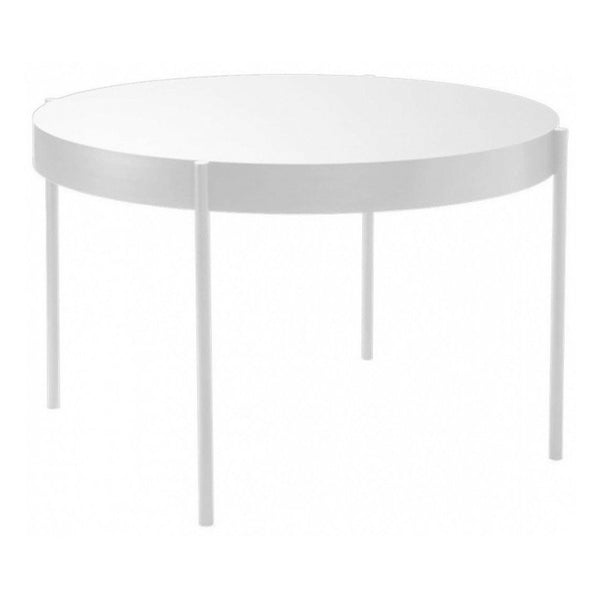 Round white table with a smooth, minimalist design and sleek legs, perfect for modern interiors.