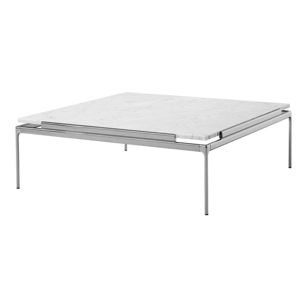 Square white marble coffee table with sleek silver metal legs. Modern minimal design, perfect for contemporary decor.