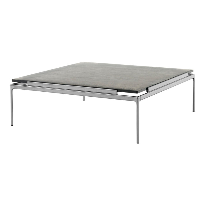 Square coffee table with a sleek gray top and modern silver metal legs, showcasing minimalist design and contemporary style.