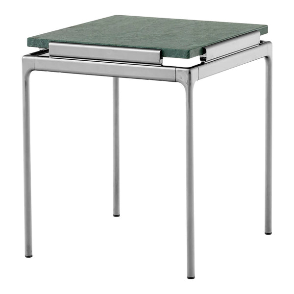 Green marble top with sleek silver metal legs, modern and minimalistic design. Perfect for contemporary decor.