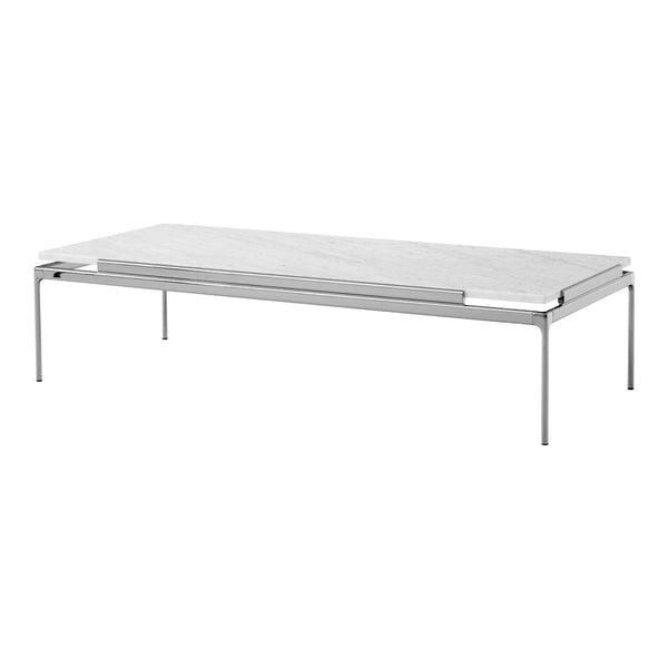Modern marble coffee table with a sleek white top and shiny silver metal legs, featuring a minimalist design.