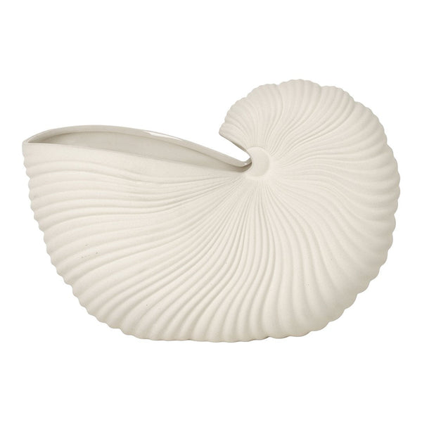 Textured white nautilus shell vase with elegant spiral patterns and a smooth finish. Ideal for decor accents.