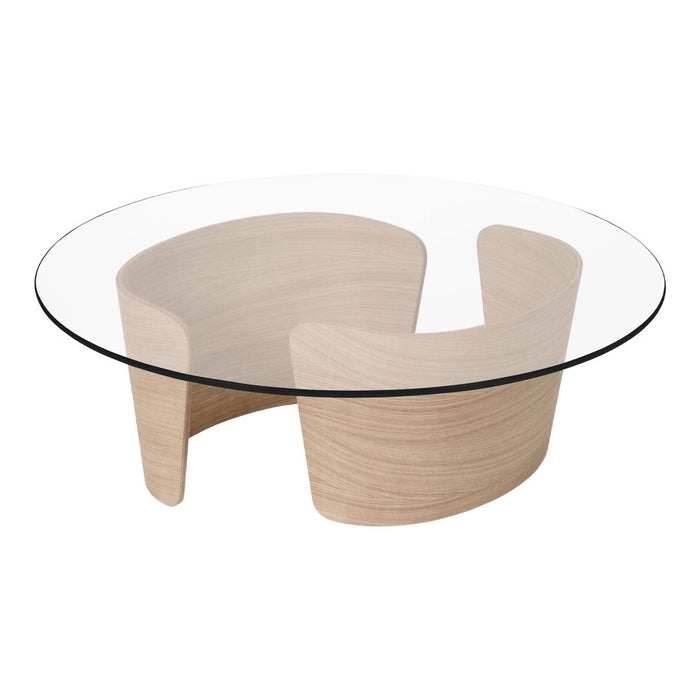 Round glass coffee table with light wood base showcasing curved, modern design and neutral tones. Ideal for contemporary decor.