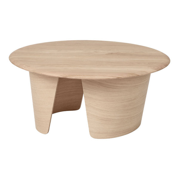 Light wood coffee table with a smooth, natural finish and an elegant round shape. Minimalistic design with no patterns.