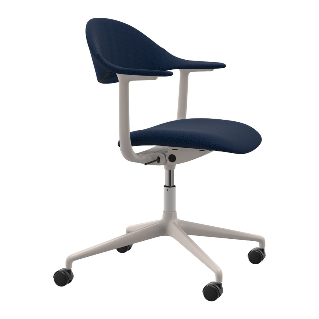 Navy blue ergonomic chair with a sleek white base and rolling casters, featuring a modern, minimalist design.