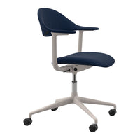 Navy blue ergonomic chair with a sleek white base and rolling casters, featuring a modern, minimalist design.