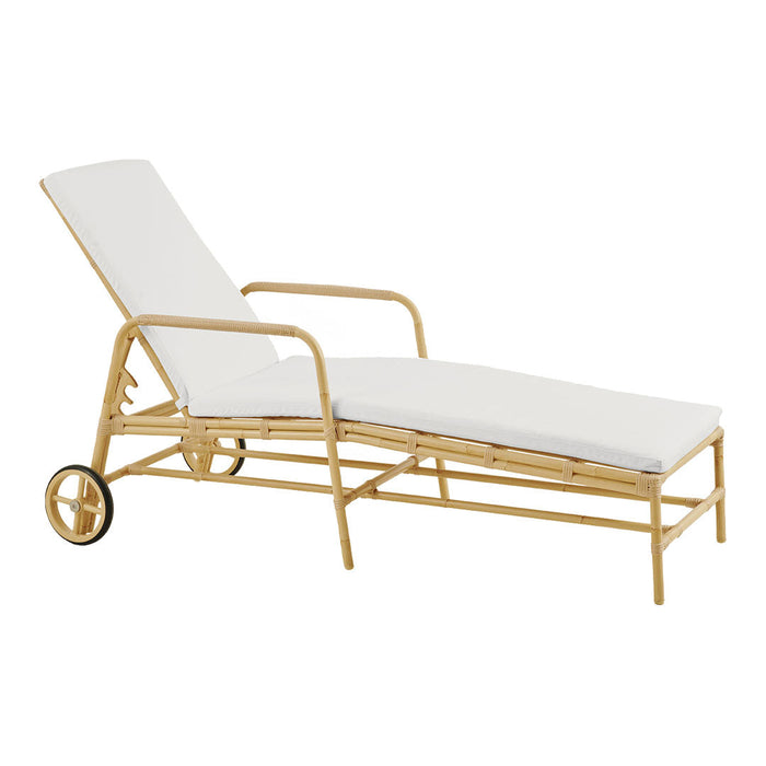 White cushioned lounge chair with natural wood frame and sleek, minimalist design, perfect for outdoor relaxation.