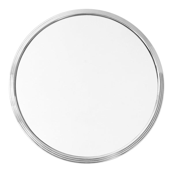 Round mirror with a sleek silver border and a smooth, reflective surface. Ideal for modern decor.