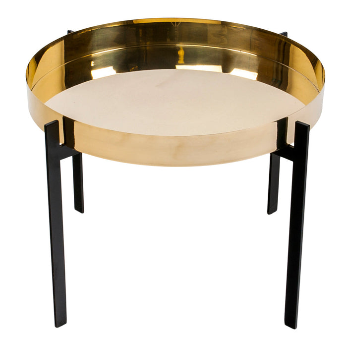 Gold and black round coffee table with sleek metallic finish and minimalist legs design. Perfect for modern decor.