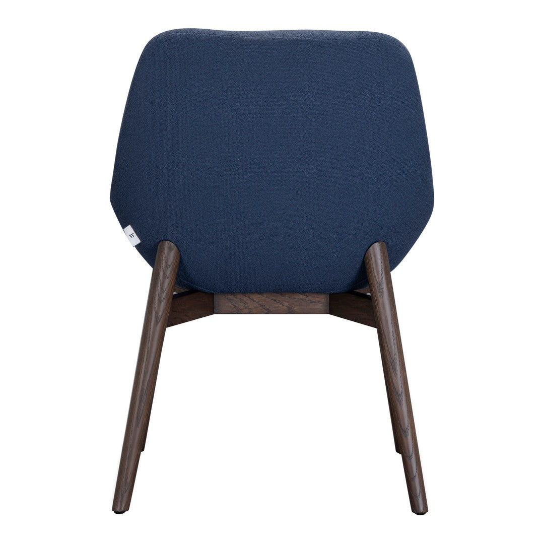 Navy blue chair with a modern design and dark wooden legs, featuring a solid fabric pattern.