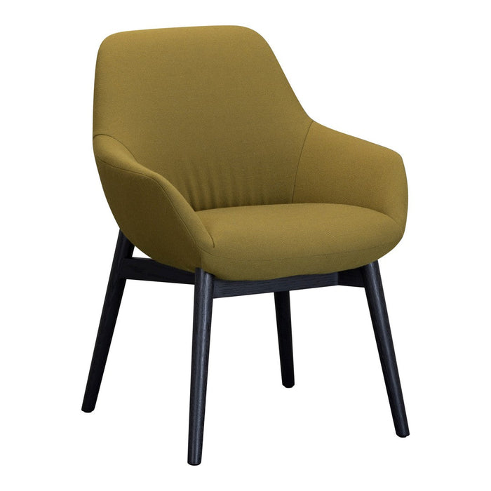 Mustard yellow upholstered chair with subtle ribbed pattern and sleek black wooden legs.