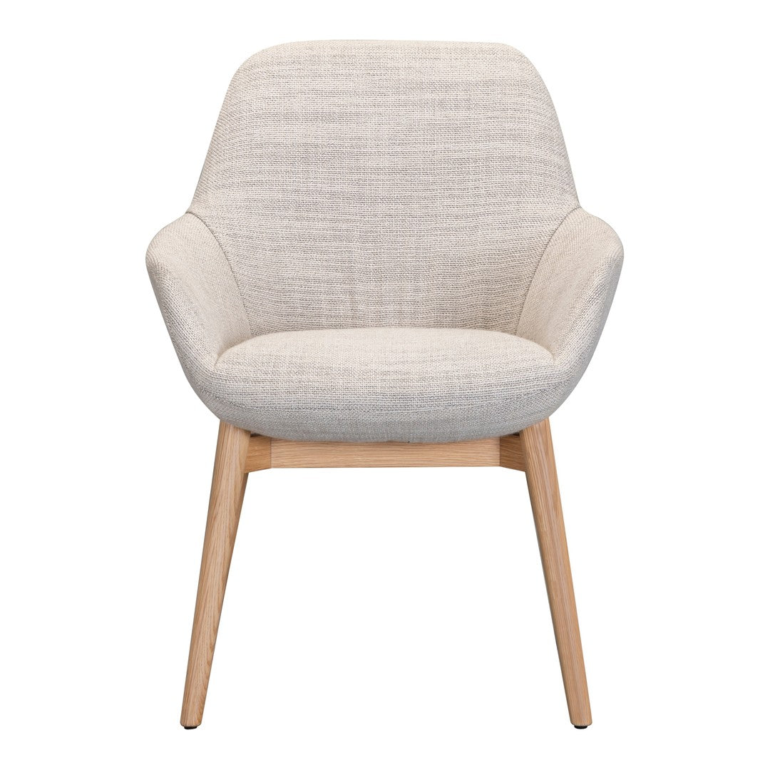 Light beige textured upholstery with light wood legs. Modern chair design with a cozy, inviting look.
