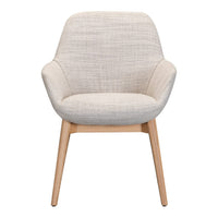 Light beige textured upholstery with light wood legs. Modern chair design with a cozy, inviting look.