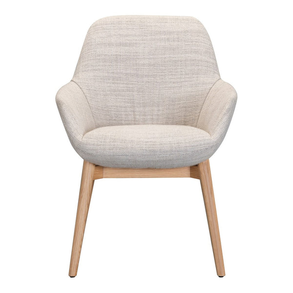 Light beige textured upholstery with light wood legs. Modern chair design with a cozy, inviting look.