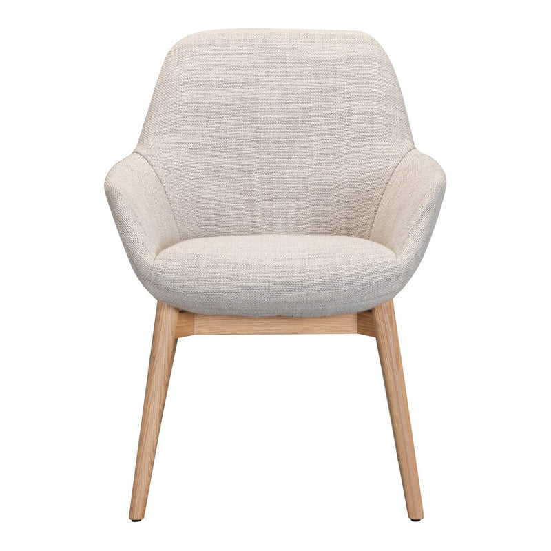 Light beige textured upholstery with light wood legs. Modern chair design with a cozy, inviting look.