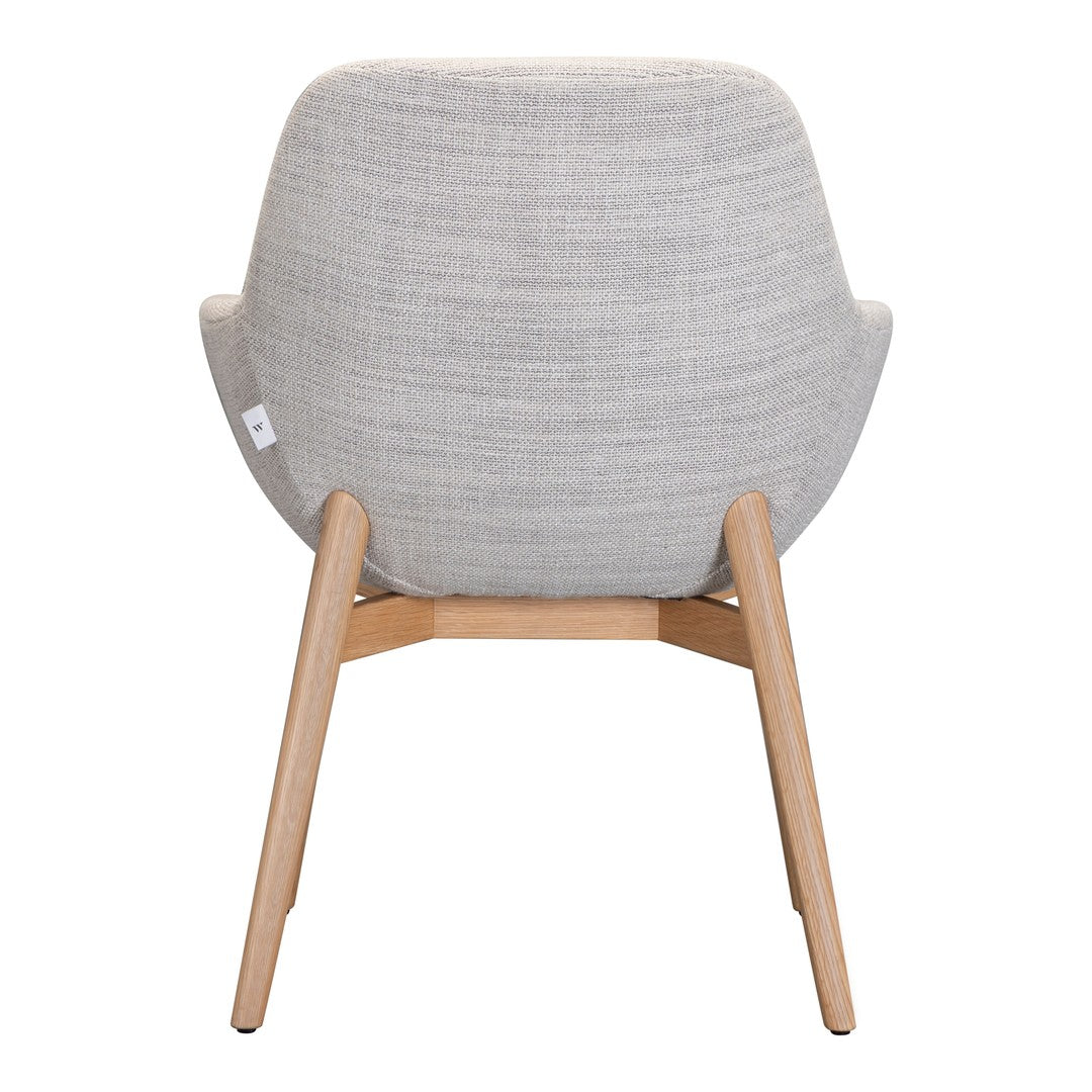 Light gray upholstered chair with a textured pattern and natural wood legs for a modern look.