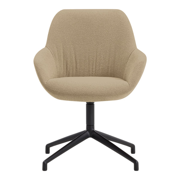 Beige textured swivel chair with a sleek black base, perfect for modern office or home decor.