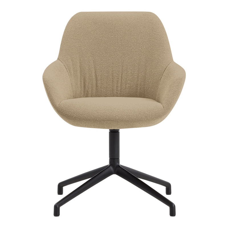 Beige textured swivel chair with a sleek black base, perfect for modern office or home decor.