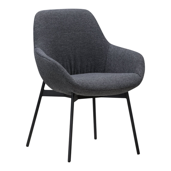 Stylish gray accent chair with a soft textured fabric and sleek black metal legs, perfect for modern decor.
