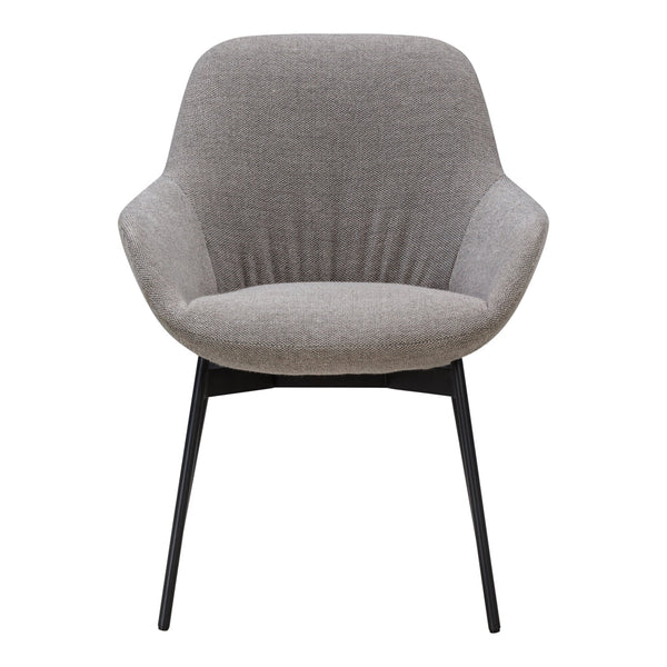 Gray upholstered chair with a smooth pattern and sleek black metal legs. Ideal for modern interiors.