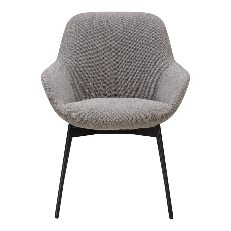 Gray upholstered chair with a smooth pattern and sleek black metal legs. Ideal for modern interiors.