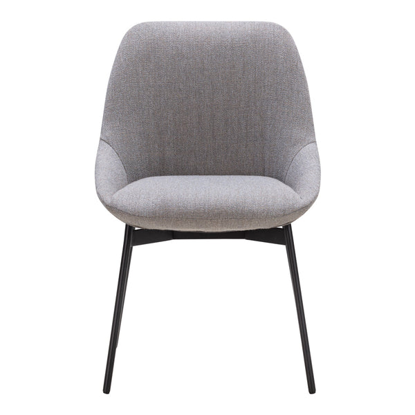 Stylish gray upholstered chair with smooth surface and sleek black legs, ideal for modern decor.