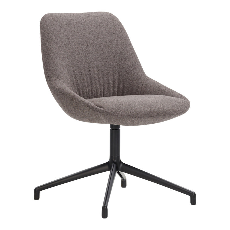 Gray upholstered dining chair with smooth texture and a sleek black metal base. Modern, minimalist design perfect for any decor.