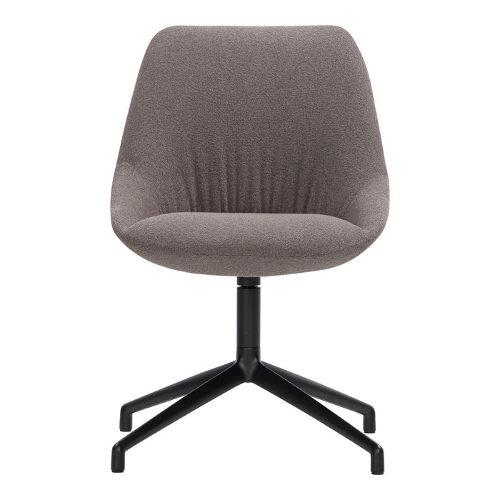 Gray upholstered swivel chair with a textured pattern and black metal base for modern decor.