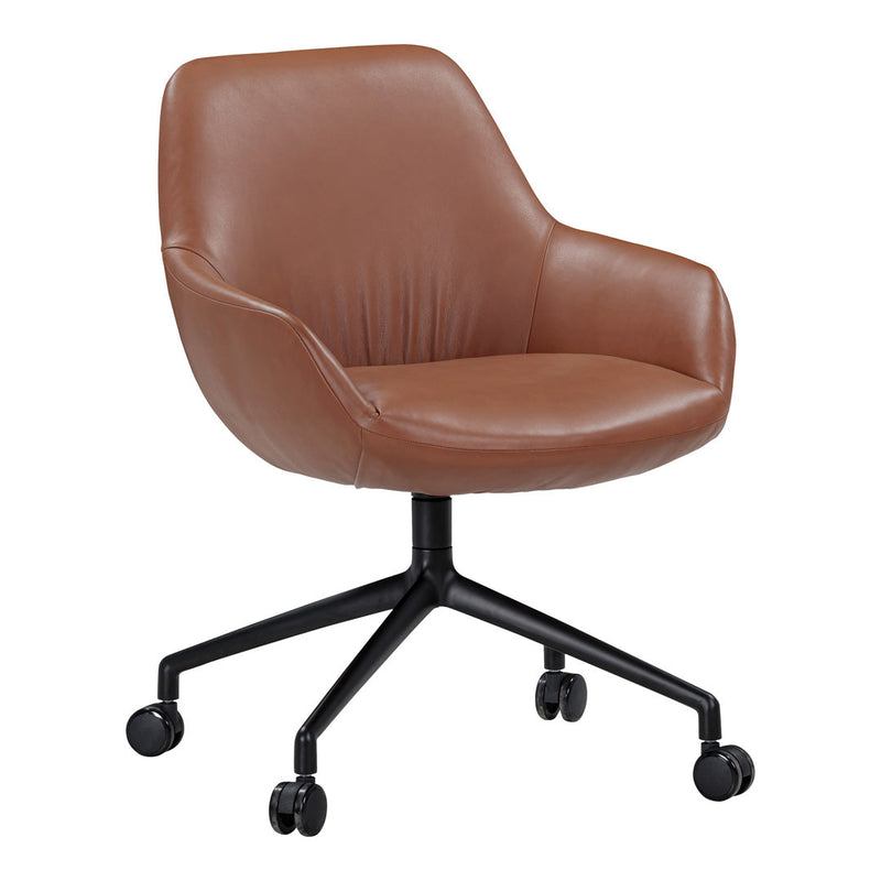 Brown faux leather office chair with a sleek, modern design and matte black metal base and wheels.