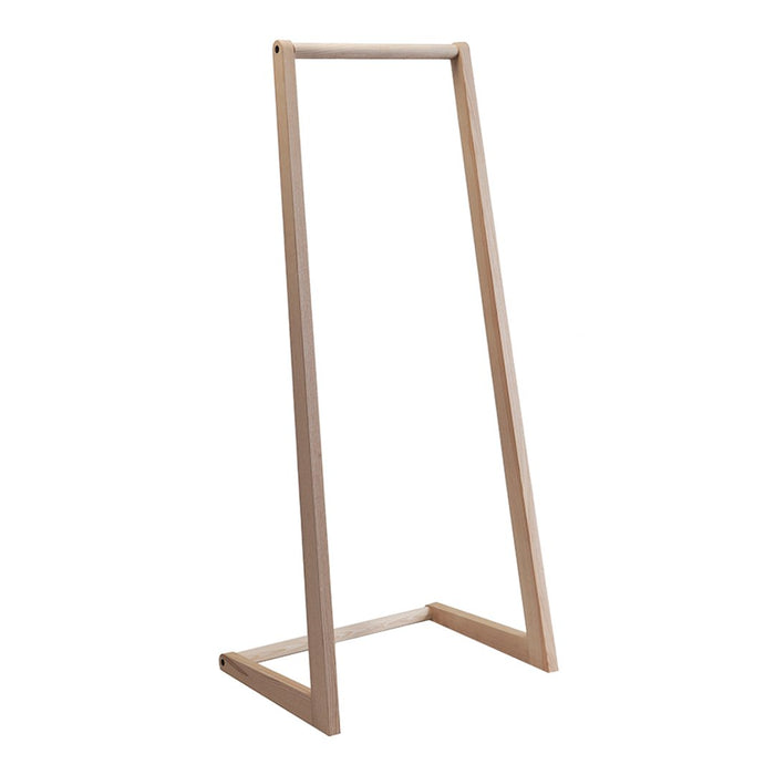 Light wood garment rack with a minimalist design and natural finish, featuring a sleek, modern silhouette.