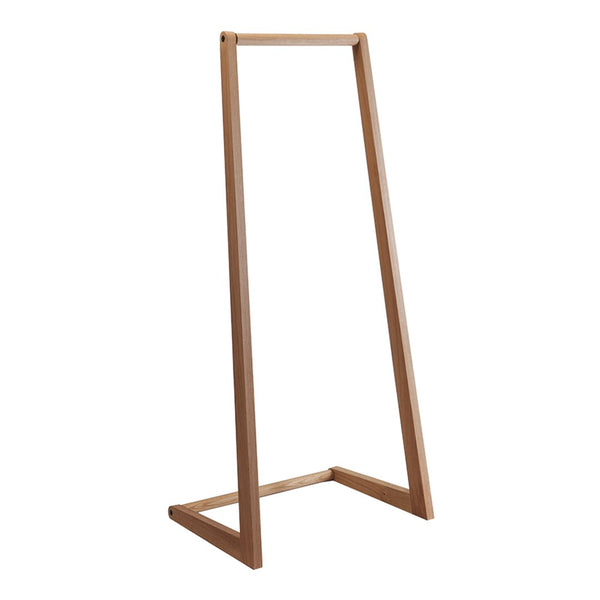Natural wood stand with a sleek, minimalist design, showcasing a warm oak color and smooth, clean lines.