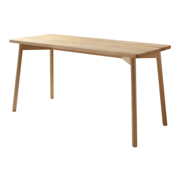 Natural wood finish dining table with a smooth, solid surface and minimalist design, featuring light oak color.
