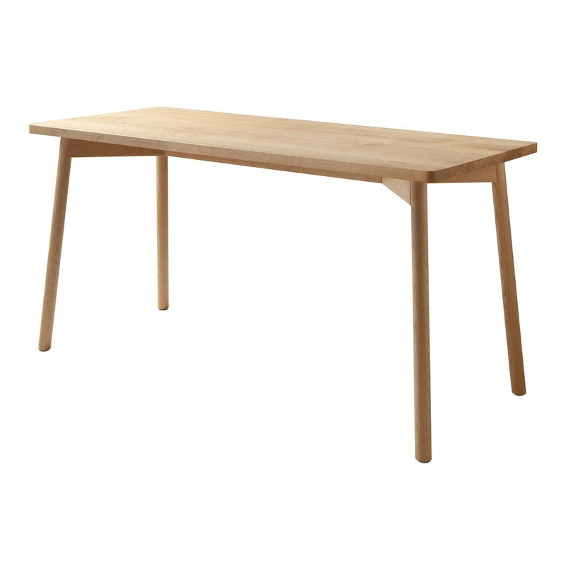 Natural wood finish dining table with a smooth, solid surface and minimalist design, featuring light oak color.