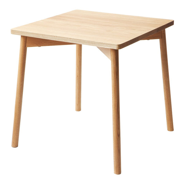 Square wooden table in natural wood finish with light tones and smooth, simple design.
