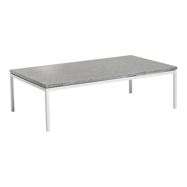 Gray marble tabletop with subtle veining, supported by sleek silver metal legs. Modern and minimalist design.
