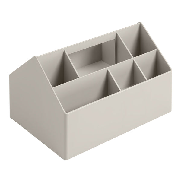 Light gray organizational storage box with multiple compartments and a sleek, modern design.
