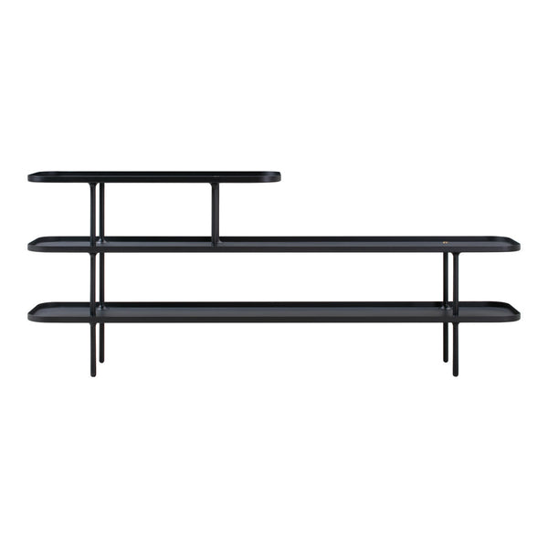 Sleek black metal shelving unit with three tiers, featuring smooth surfaces and a modern, minimalist design.