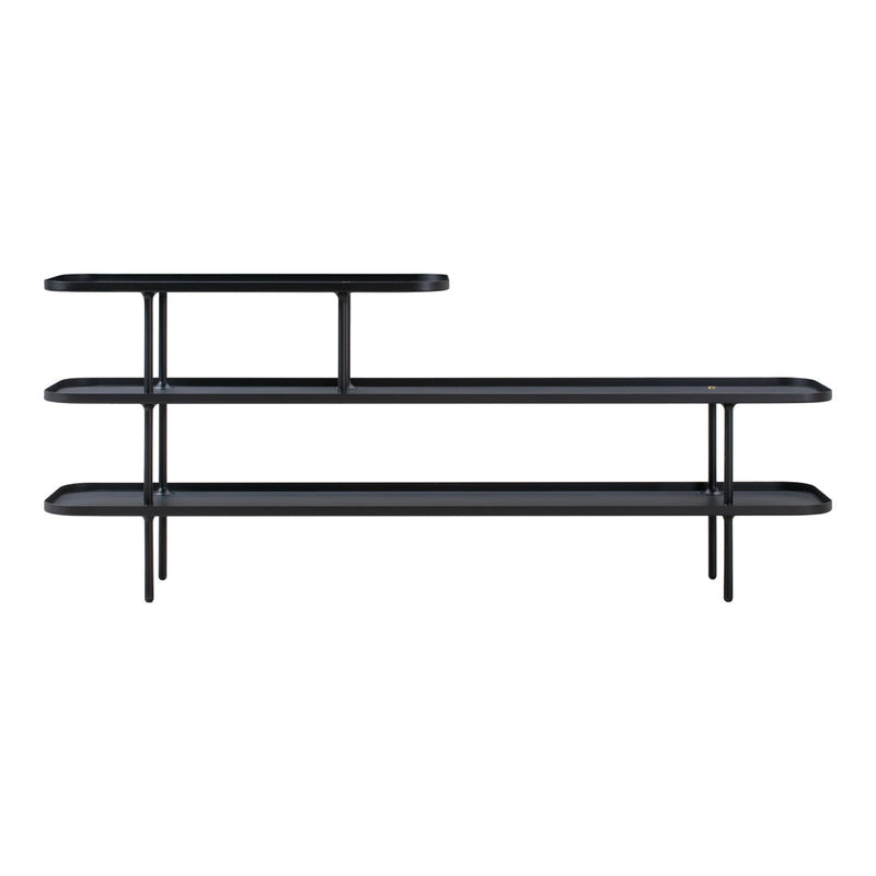 Sleek black metal shelving unit with three tiers, featuring smooth surfaces and a modern, minimalist design.